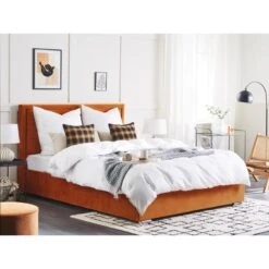 Beliani - ROUEN - Tweepersoonsbed - Oranje - 180 X 200 Cm - Fluweel -Meubels Voor Thuis 10125581