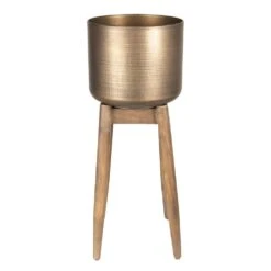 Clayre & Eef Plantenstandaard Ø 29x70 Cm Koperkleurig Ijzer Hout Rond