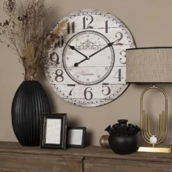 Clayre & Eef Wandklok Ø 60 Cm Beige MDF Rond Muurklok -Meubels Voor Thuis 10558168