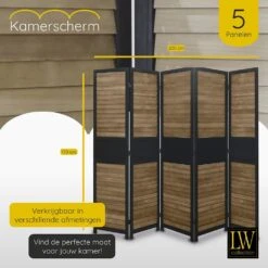 LW Collection Kamerscherm Zwart Bruin 5 Panelen 170X200CM -Meubels Voor Thuis 10670853