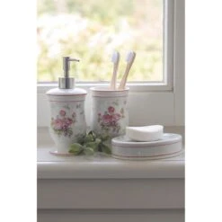 Clayre & Eef Badkamerset Set Van 3 Wit Roze Keramiek Bloemen Badkamer -Meubels Voor Thuis 11690437